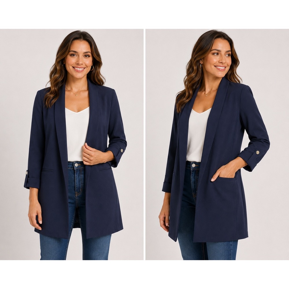 Forever 21 Womens Navy Blue Open Front Longline Blazer 3/4 Roll Tab Sleeve L